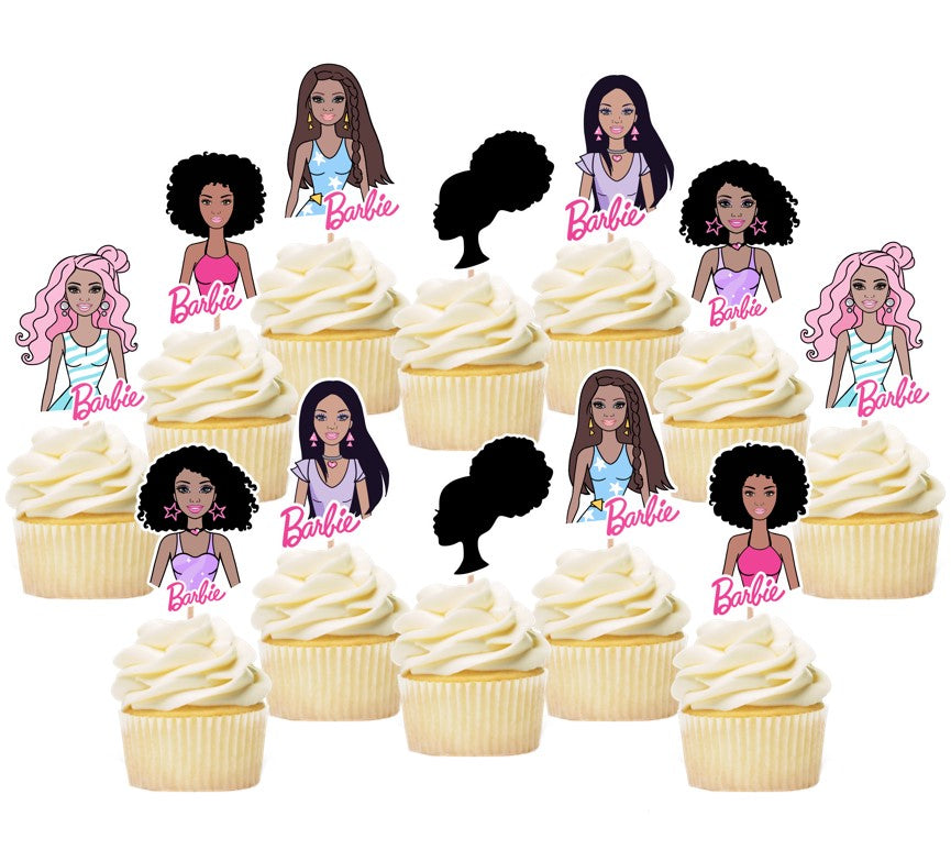 Afro Barbie Cupcake Toppers, African American Barbie Cupcake Toppers Party Mania USA