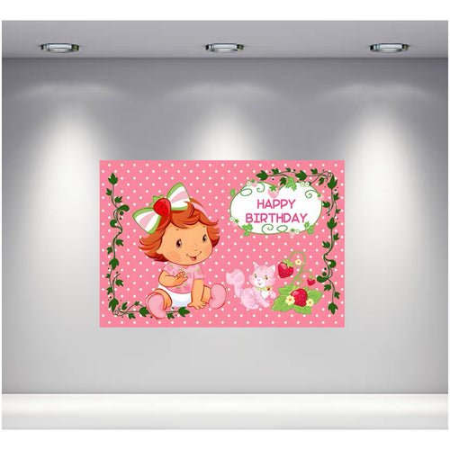 Happy Birthday Baby Strawberry Shortcake Backdrop 3.3ft x 5ft, made from polyester fabric