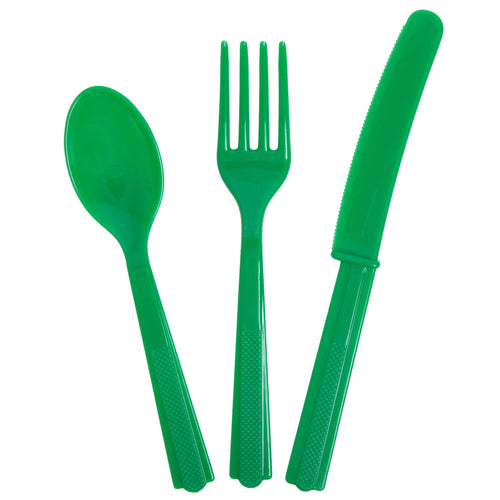 Green Plastic Cutlery, Spoons, Forks and Knives, 24 pc
