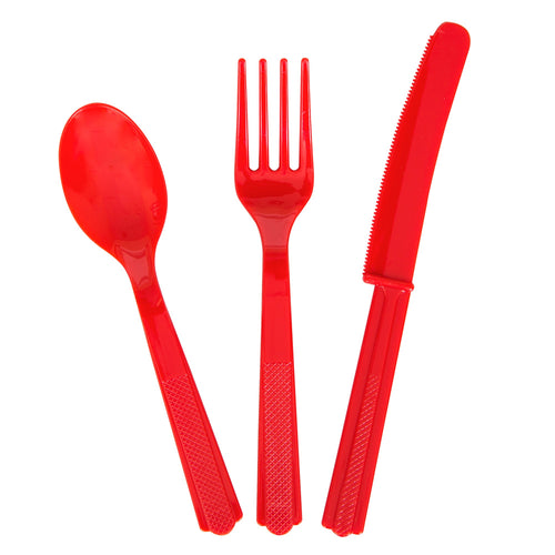 Red Plastic Cutlery, Spoons, Forks and Knives, 24 pc
